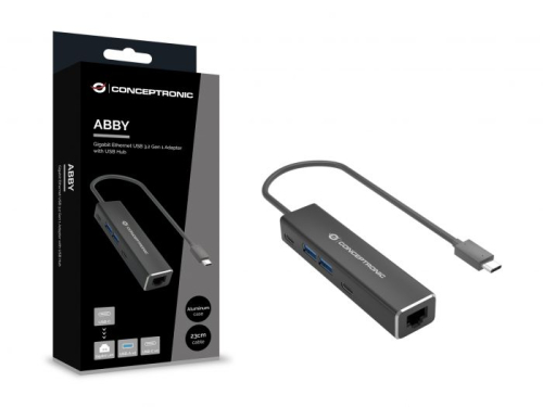 Adaptador de rede ABBY13B USB-C Conceptronic para Gigabit com hub USB de 4 portas, USB 3.2 Gen 1, USB-A x 2, USB-C x 2