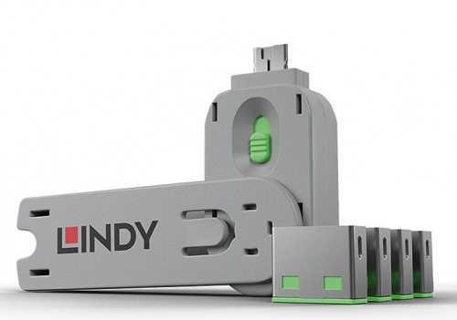 LINDY Bloqueador de porta USB A, 4 unidades verde + chave, 40451