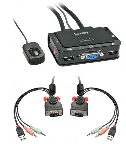 Switch KVM de 2 portas VGA, USB 2.0 e cabo de áudio