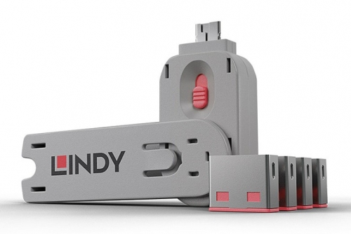 LINDY Bloqueador de porta USB A, 4 peças rosa + chave, 40450