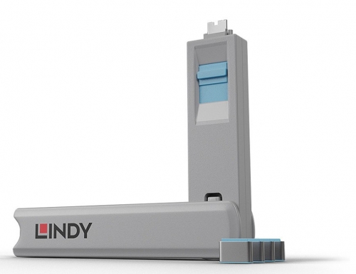 LINDY Bloqueador de porta USB C 4 peças + chave, azul, 40465