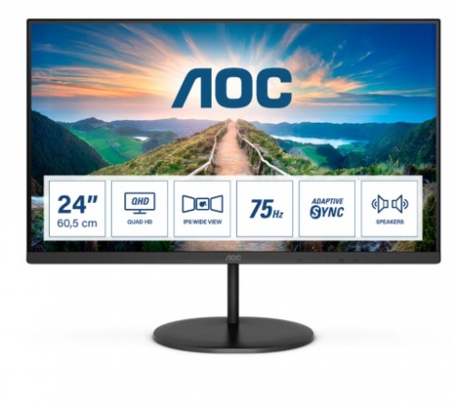 AOC Q24V4EA - Monitor LED - 24" (23.8" visível) - 2560 x 1440 QHD @ 75 Hz - IPS - 250 cd/m² - 1000:1 - 4 ms - HDMI, DisplayPort - altifalantes - preto