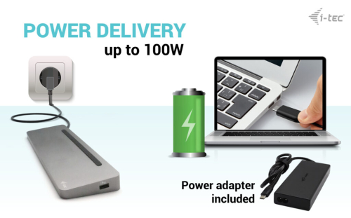 Estação de acoplamento i-tec USB-C Ergo 3x 4K com fornecimento de energia 100 W + carregador universal i-tec 100 W