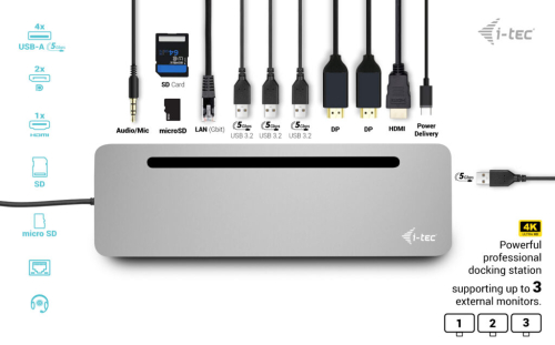 Estação de acoplamento i-tec USB-C Ergo 3x 4K com fornecimento de energia 100 W + carregador universal i-tec 100 W