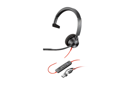 Headset Poly Monoaural Blackwire 3310 com USB-C certificado para Microsoft Teams + Adaptador USB-C/A (8X216AA)