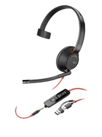 Auscultadores Poly Blackwire 5210 Blackwire 5200 series com cabo macaco de 3,5 mm, USB-C preto, 8X230A6