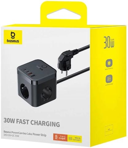 Extensão Baseus PowerCombo 3AC+2U+2C 30W, 1,5m (Preto)