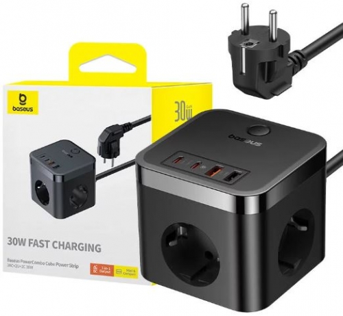 Extensão Baseus PowerCombo 3AC+2U+2C 30W, 1,5m (Preto)