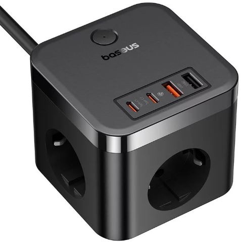 Extensão Baseus PowerCombo 3AC+2U+2C 30W, 1,5m (Preto)