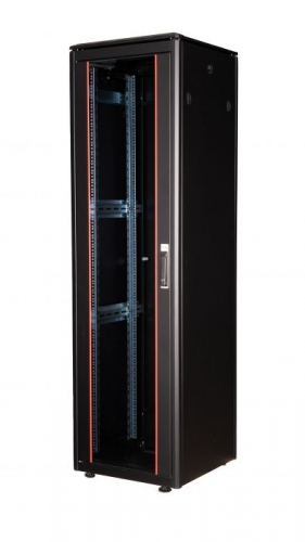 Armário de rede Dynamic Flex 19", 42U, 600x600mm, com porta de vidro, painéis removíveis e bloqueáveis, montado, RAL9005 preto EQUIP