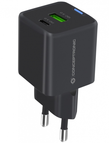 Carregador de Tomada Conceptronic USB + Type-C 33W ALTHEA16B Preto c/ Cabo USB3.0 p/ Lightning/Type-C/ MicroUSB