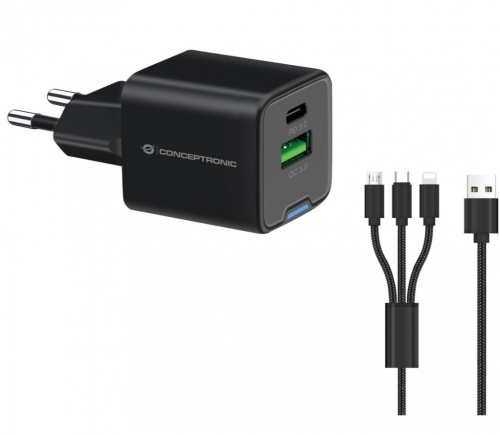 Carregador de Tomada Conceptronic USB + Type-C 33W ALTHEA16B Preto c/ Cabo USB3.0 p/ Lightning/Type-C/ MicroUSB