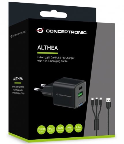 Carregador de Tomada Conceptronic USB + Type-C 33W ALTHEA16B Preto c/ Cabo USB3.0 p/ Lightning/Type-C/ MicroUSB