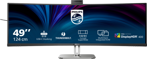 Monitor curvo Philips 49 polegadas QHD duplo, Multimídia, Altura ajustável, Webcam, Preto
