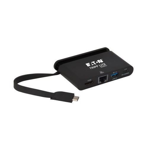 Adaptador USB-C multiporta série Tripp Lite - 4K HDMI, porta hub USB 3.x (5 Gbps), GbE, cabo autoarmazenável, carregamento PD de 100 W, preto