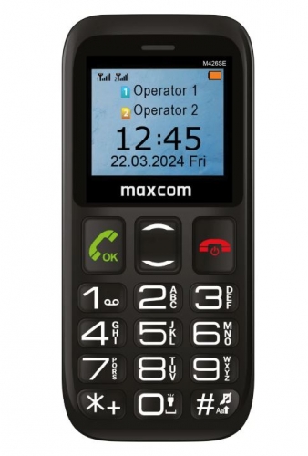 Telefone MAXCOM 2G Dual SIM 1.77" Botão SOS USB-C Desktop Charger Preto MM426