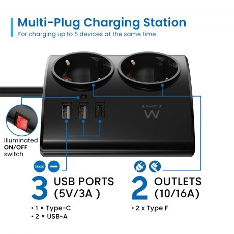 Tomada eléctrica de secretária Power strip de 2 vias com 2 carregadores USB e 1 carregador USB-C, com ficha Schuko de 16A