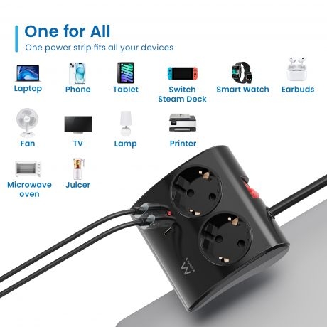 Tomada eléctrica de secretária Power strip de 2 vias com 2 carregadores USB e 1 carregador USB-C, com ficha Schuko de 16A