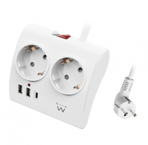 Desktop design Power strip 2-way with 2 USB chargers and 1 USB-C charger, with 16A Schuko plug, white
