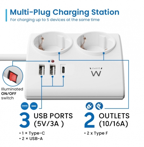Desktop design Power strip 2-way with 2 USB chargers and 1 USB-C charger, with 16A Schuko plug, white