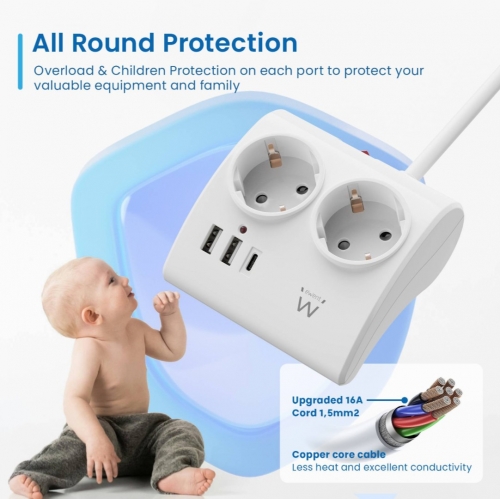 Desktop design Power strip 2-way with 2 USB chargers and 1 USB-C charger, with 16A Schuko plug, white
