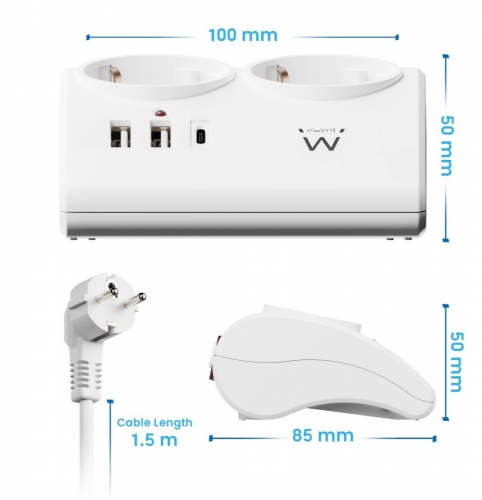 Desktop design Power strip 2-way with 2 USB chargers and 1 USB-C charger, with 16A Schuko plug, white
