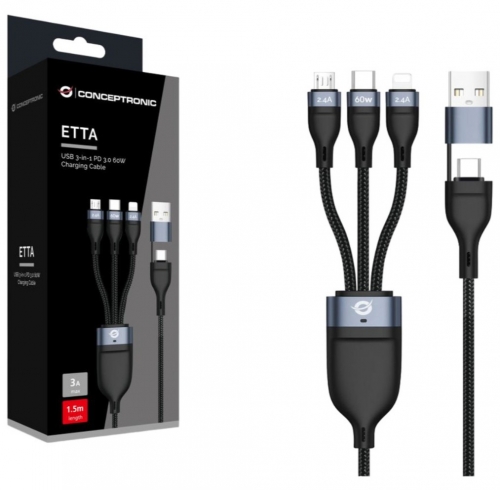 Cabo USB2.0 Type-C p/ Lightning/Type-C/MicroUSB 60W Conceptronic Preto - 1.5Mtr
