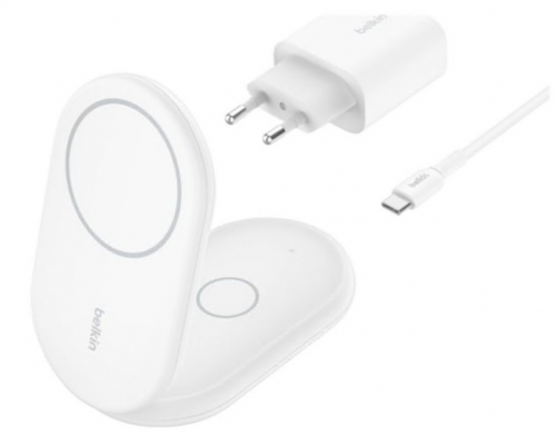 Base Belkin WIZ028VFWH  de carregamento sem fios magnético, dobrável, com Qi2 + adaptador de energia AC 15 Watt Fast Charge branco
