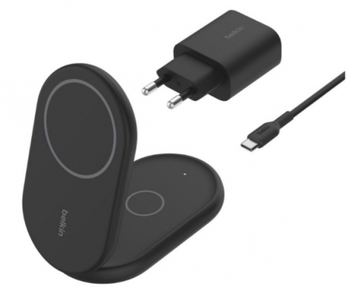 Base Belkin WIZ028VFBK de carregamento sem fios magnético, dobrável, com Qi2 + adaptador de energia AC 15 Watt Fast Charge preto