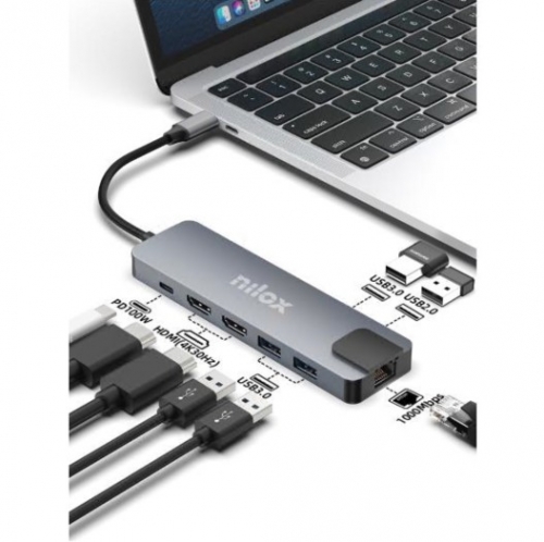 Docking Station Nilox UsbC 8 em 1 Dual 4K 1000Mbps - NXDSUSBC08