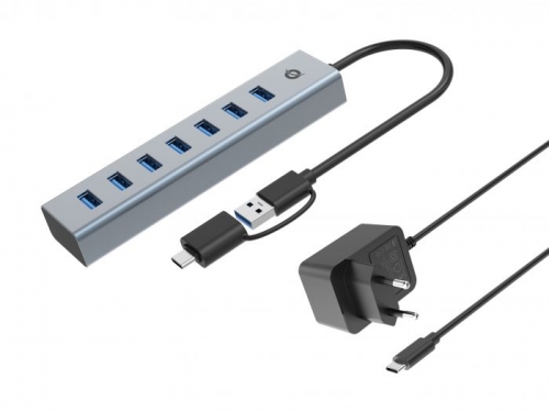 Hub Type-C/USB3.0 7 Portas USB3.0 Conceptronic HUBBIES21GP Cinza + Transformador | HUBBIES21GP