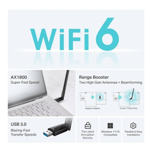 AX1800 High Gain Dual Band Wi-Fi 6 USB Adapter - 1× High Gain External Antenna, USB 3.0
