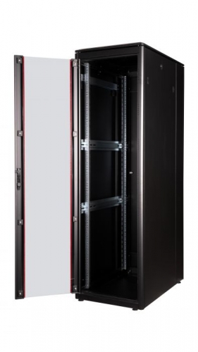 Gabinete de servidor autônomo Equip Dynamic Flex 19", 42U, 600x1000mm, com porta de vidro, painéis removíveis e com trava, montado, RAL9005 preto