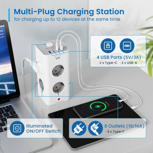 EWENT EXTENSAO ELETRICA 8 TOMADAS TORRE SCHUKO+ 2 USB+ 2 USB-C 2MT