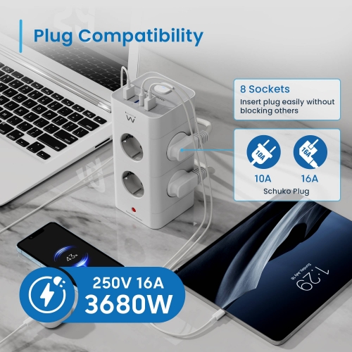 EWENT EXTENSAO ELETRICA 8 TOMADAS TORRE SCHUKO+ 2 USB+ 2 USB-C 2MT