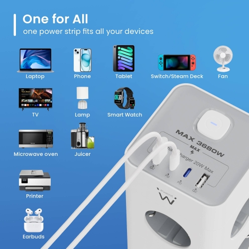 EWENT EXTENSAO ELETRICA 8 TOMADAS TORRE SCHUKO+ 2 USB+ 2 USB-C 2MT