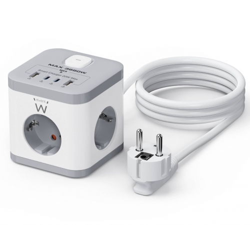 EWENT EXTENSA0 ELETRICA 3 TOMADAS CUBICA SHUKO 2xUSB-C 2XUSB 2MT
