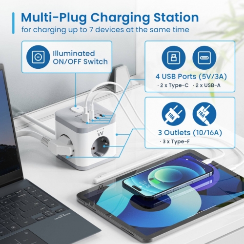 EWENT EXTENSA0 ELETRICA 3 TOMADAS CUBICA SHUKO 2xUSB-C 2XUSB 2MT
