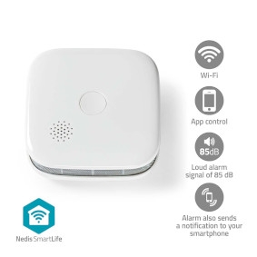 Detector de fumo SmartLife NEDIS Wi-Fi, Alimentado por bateria, Ciclo de vida do sensor: 10 anos, EN 14604, Vida útil máxima da bateria: 24 meses, 85 dB, Branco
