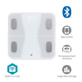 Balança Pessoal SmartLife NEDIS Bluetooth®, IMC / TMB / Ossos / Gordura / Músculos / Água / Peso, Carga máxima: 180 kg, Android™ / IOS, ABS / Vidro, Branco