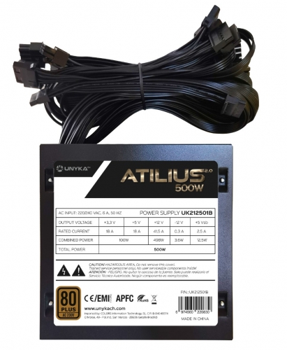 Fonte de Alimentação Gaming Atilius 2.0 500W-BLACK Bronze - AC 230 V