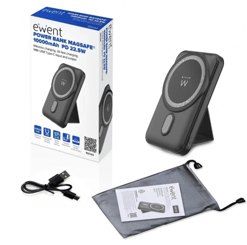 Powerbank Ewent EW1162 Wireless Magsafe 10000mAh 22.5W Preta