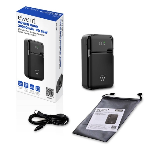 EWENT POWERBANK FAST CHARGING 20000MAH 65W DISPLAY USB-C BLACK