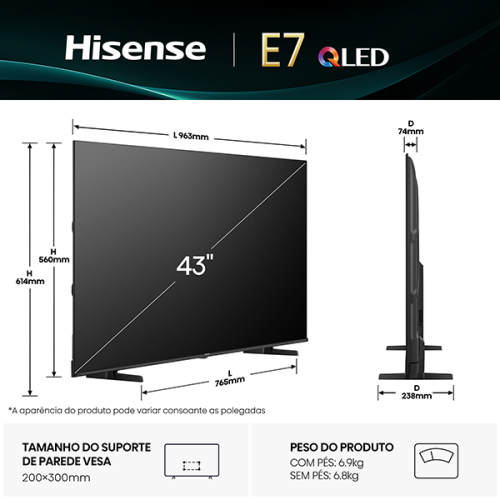 TV QLED HISENSE 43 polegadas - 43E7Q