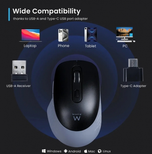 EWENT RATO WIRELESS E BLUETOOTH MULTICONEXAO C/ADAPT USB-C 3200DPI