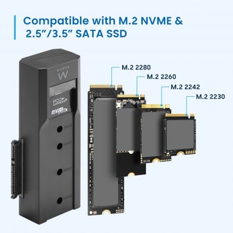 Clone e conversor Ewent EW7065 de HDD/SSD NVMe M2 de baia dupla para SATA de 2,5" e 3,5"