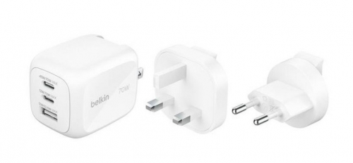 Adaptador de alimentação GaN 70 Watt branco com kit de adaptadores de viagem Belkin WCH018HQWH