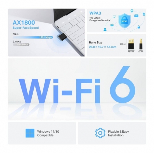 Adaptador de Rede USB TP-Link Archer TX1800U Nano Wireless AX1800 Wi-Fi 6 Dual-Band