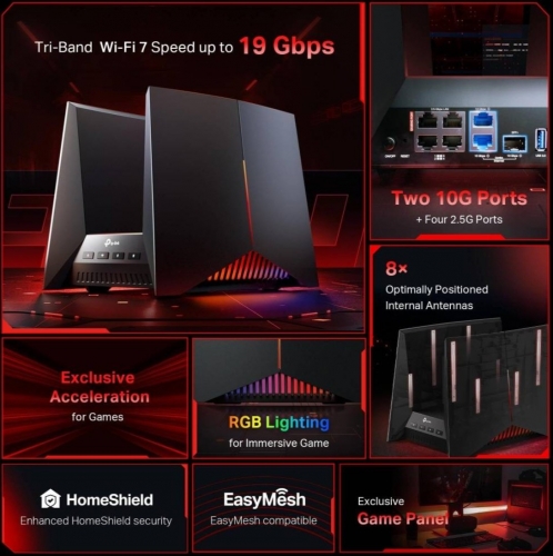 Router TP-Link Archer GE800 Gaming EasyMesh BE7200 Tri-Band Wi-Fi 7 (802.11be) Preto