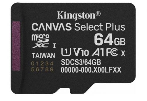 Cartão de memória flash Kingston Canvas Select Plus SDCS3/64GBSP 64 GB A1 / Video Class V10 / UHS-I U1 / Class10 microSDXC UHS-I